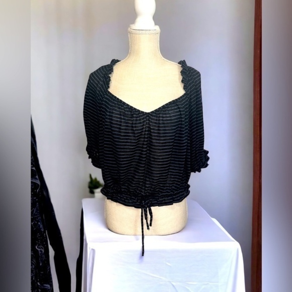 EUC Free People Dorothy Blouse Sz Large Striped Peasant Top Black Drawstring​